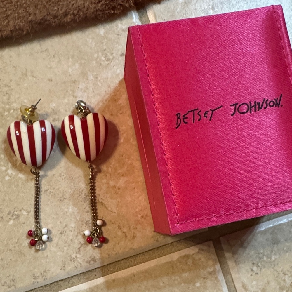 Betsey Johnson Striped Heart Earrings with Charms